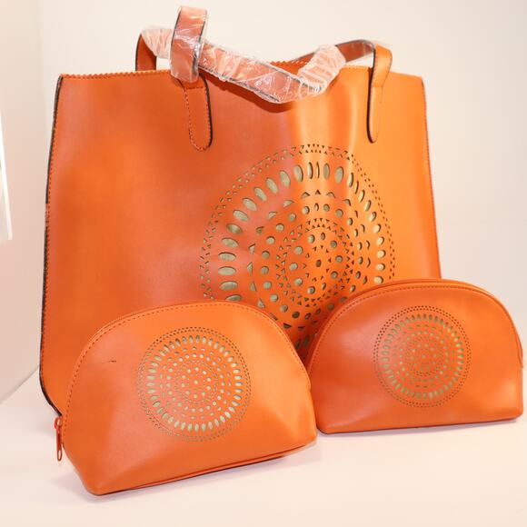 Neiman Marcus Orange Laser Cut Tote Bag w/ 2 Matching Pouches - Picture 1 of 6